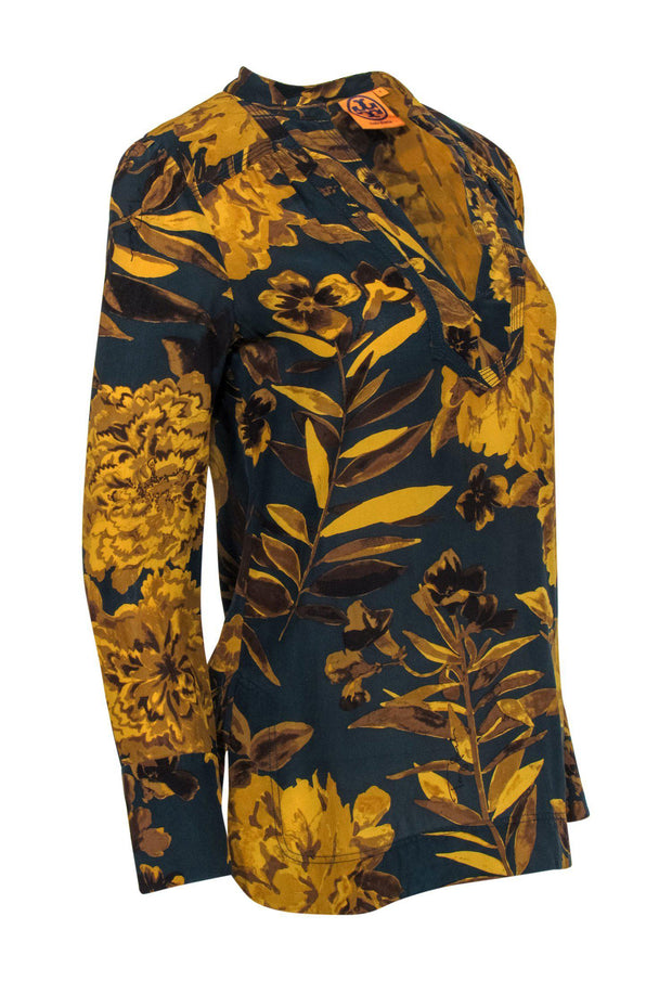 Current Boutique-Tory Burch - Dark Teal & Mustard Floral Print Long Sleeve Silk Blouse Sz 4