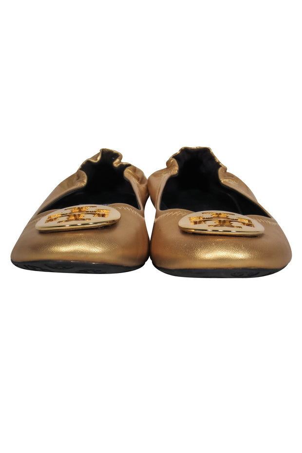 Current Boutique-Tory Burch - Gold Leather "Reva" Ballet Flats w/ Gold-Toned Logo Sz 10.5