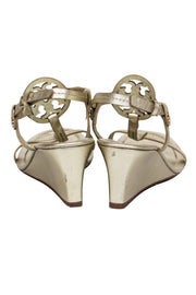 Current Boutique-Tory Burch - Gold Leather Strappy Logo Wedge Sandals Sz 6.5