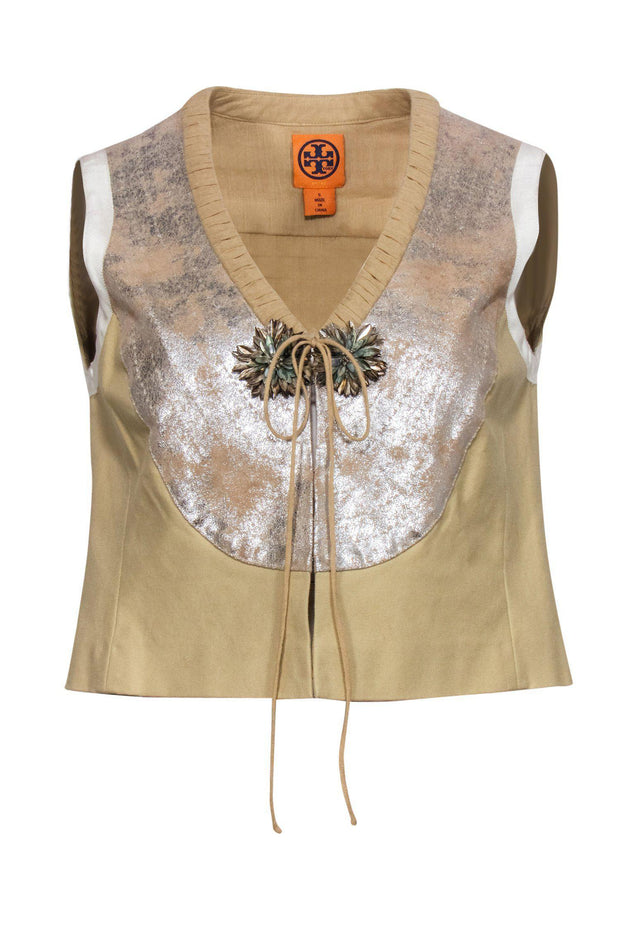 Current Boutique-Tory Burch - Gold & Tan Front-Tie Vest w/ Flowers Sz S