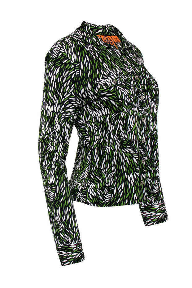 Current Boutique-Tory Burch - Green, Black & White Leaf Print Button-Up Blouse Sz M
