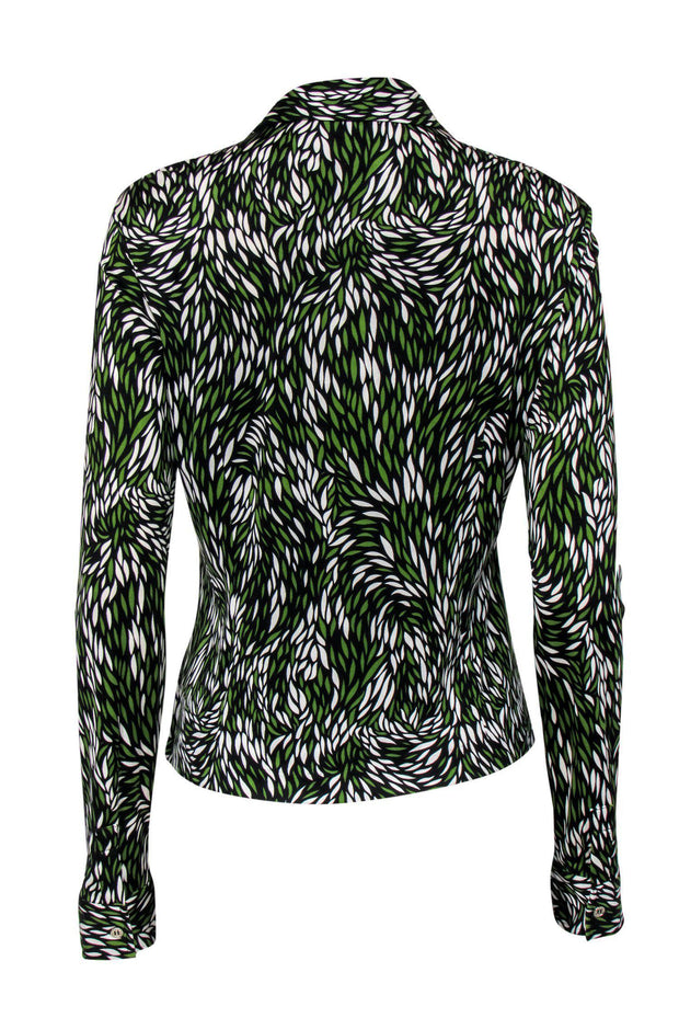 Current Boutique-Tory Burch - Green, Black & White Leaf Print Button-Up Blouse Sz M