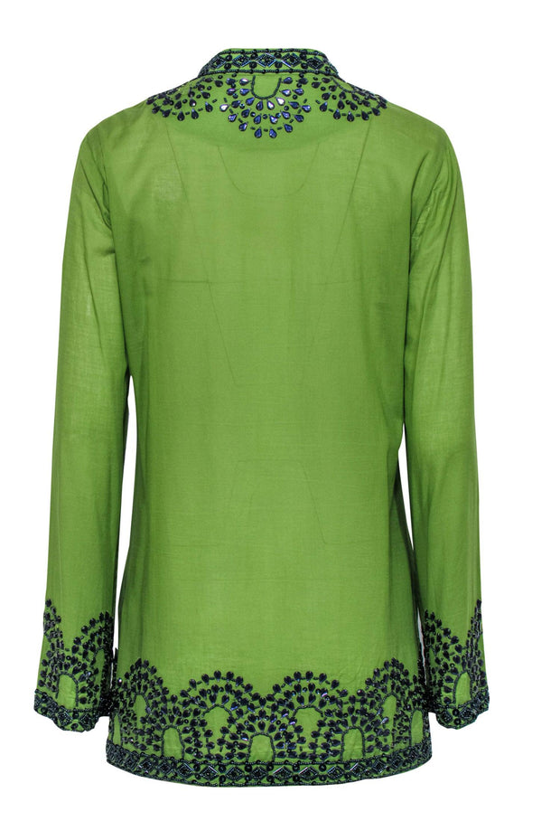 Current Boutique-Tory Burch - Green Cotton Long Sleeve Tunic w/ Beading Sz 10