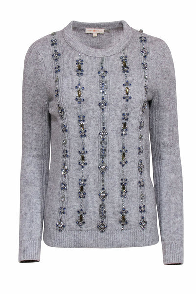 Current Boutique-Tory Burch - Grey Knit Sweater w/ Rhinestone & Blue Gem Embellishments Sz S