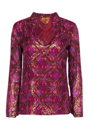 Current Boutique-Tory Burch - Hot Pink & Metallic Gold Print Silk Tunic Sz 2