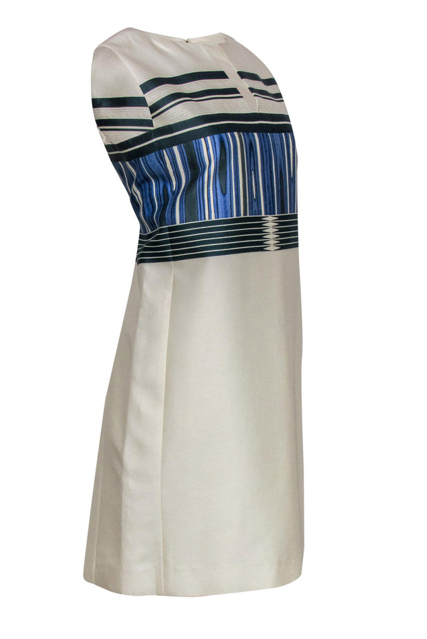 Current Boutique-Tory Burch - Ivory & Blue Patterned Shift Dress Sz 12