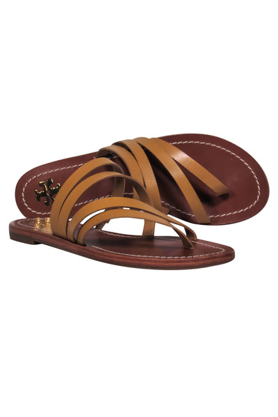Current Boutique-Tory Burch - Light Brown Leather Swirly Strap Slide Sandals Sz 6.5
