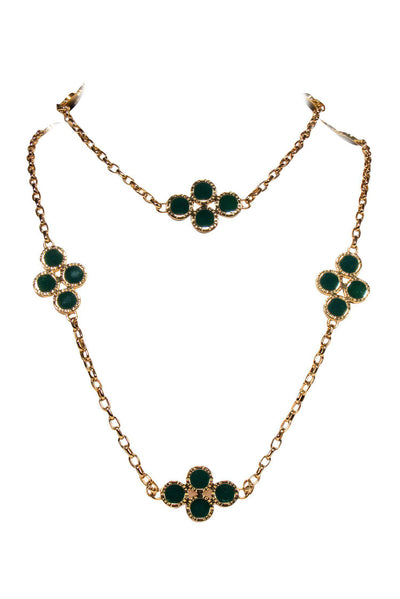 Current Boutique-Tory Burch - Long Gold Necklace w/ Green Cluster Design
