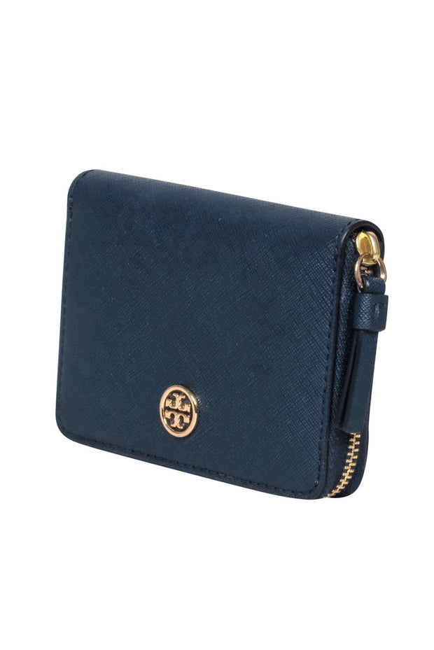 Current Boutique-Tory Burch - Midnight Blue Textured Leather Mini Zip Wallet