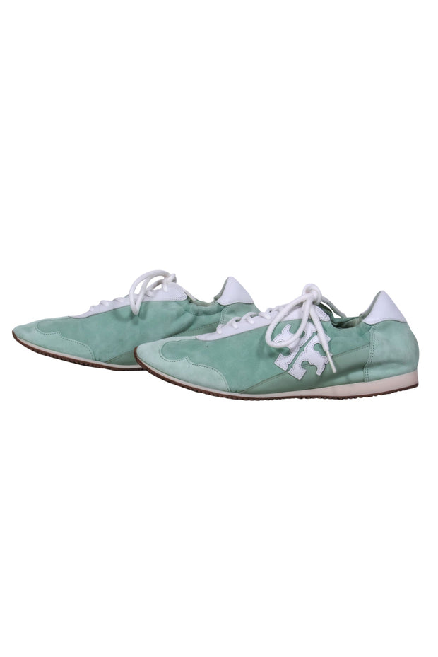 Current Boutique-Tory Burch - Mint Suede & Leather “Tory” Sneakers w/ White Leather Trim & Logo Sz 8.5