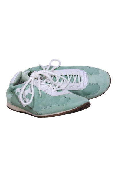 Current Boutique-Tory Burch - Mint Suede & Leather “Tory” Sneakers w/ White Leather Trim & Logo Sz 8.5
