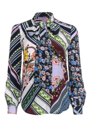 Current Boutique-Tory Burch - Multi-Patterned Floral Silk Tie Neck Blouse Sz 00