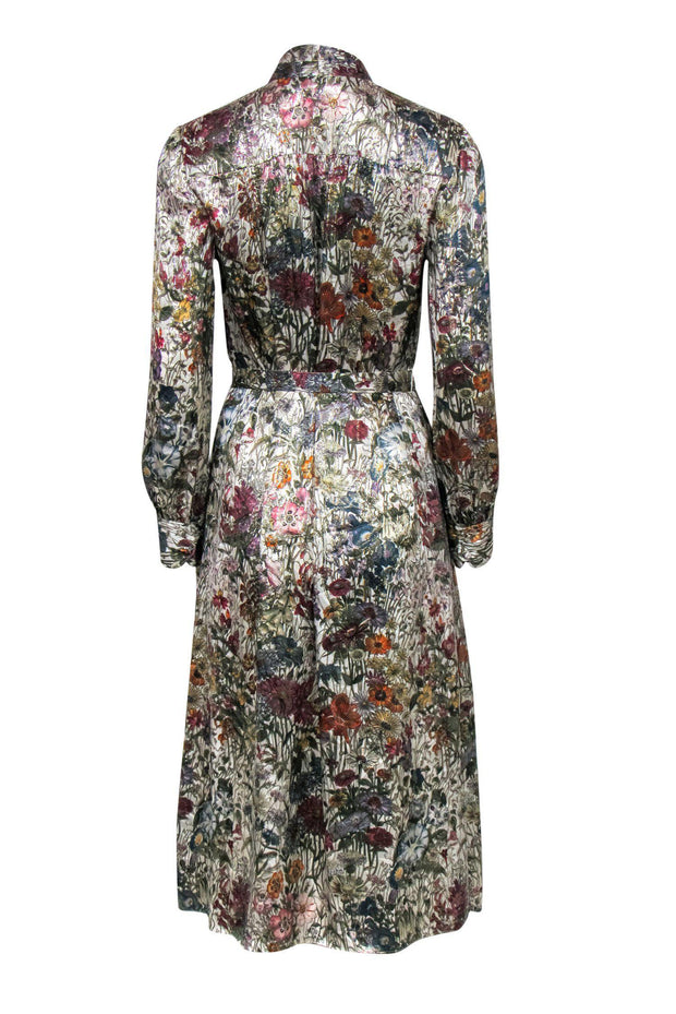 Current Boutique-Tory Burch - Multicolored Metallic Floral Print Long Sleeve Dress w/ Tie Belt Sz 8