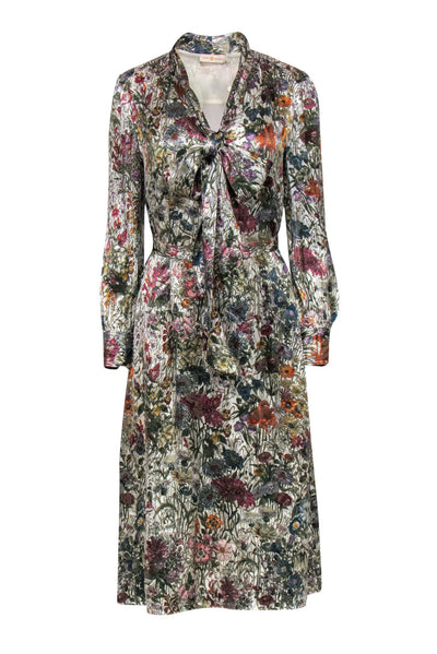 Current Boutique-Tory Burch - Multicolored Metallic Floral Print Long Sleeve Dress w/ Tie Belt Sz 8