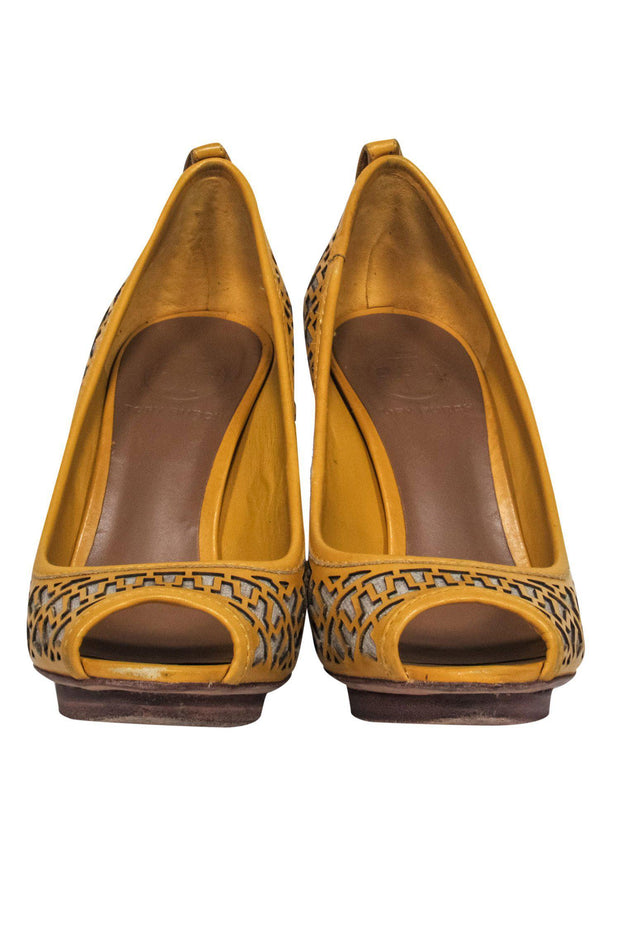 Current Boutique-Tory Burch - Mustard Yellow Leather Laser Cut Stacked Peep Toe Pumps Sz 7.5