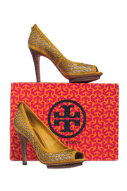 Current Boutique-Tory Burch - Mustard Yellow Leather Laser Cut Stacked Peep Toe Pumps Sz 7.5