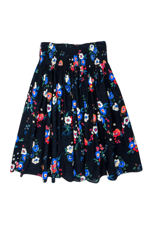 Current Boutique-Tory Burch - Navy Floral Smocked Waist Skirt Sz 4