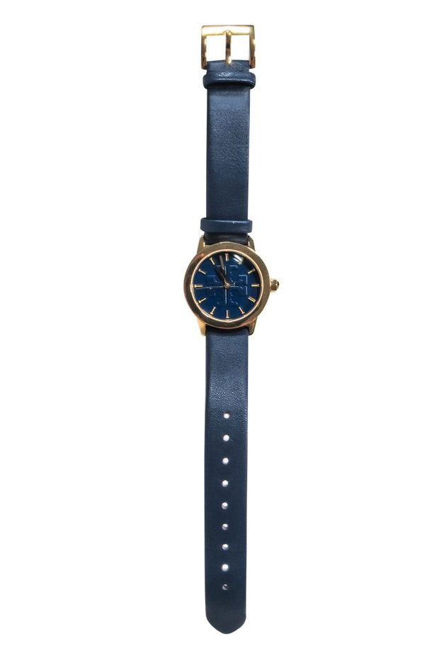 Current Boutique-Tory Burch - Navy & Gold Embossed Logo Face Watch w/ Leather Straps