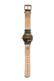 Current Boutique-Tory Burch - Navy & Gold Embossed Logo Face Watch w/ Leather Straps