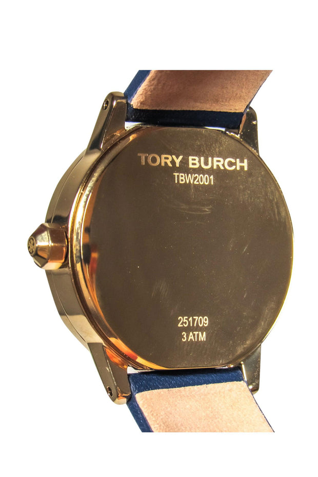 Current Boutique-Tory Burch - Navy & Gold Embossed Logo Face Watch w/ Leather Straps