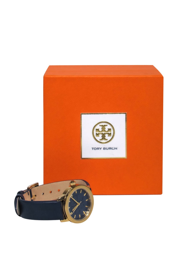 Current Boutique-Tory Burch - Navy & Gold Embossed Logo Face Watch w/ Leather Straps