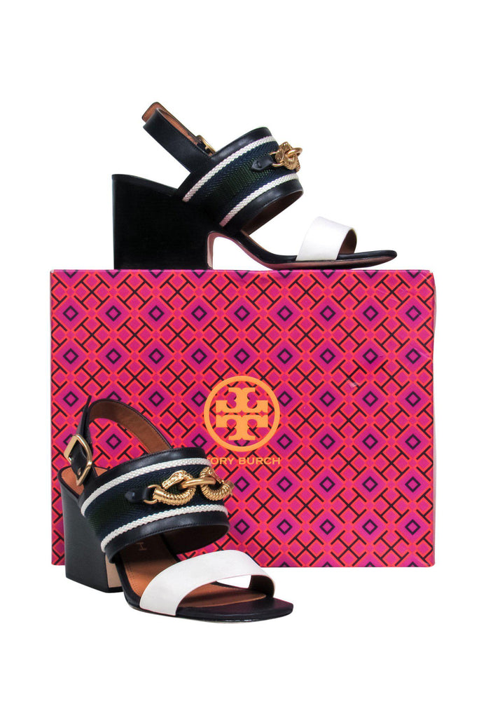 Tory Burch Navy Green Striped Block Heeled Sandals w Horse