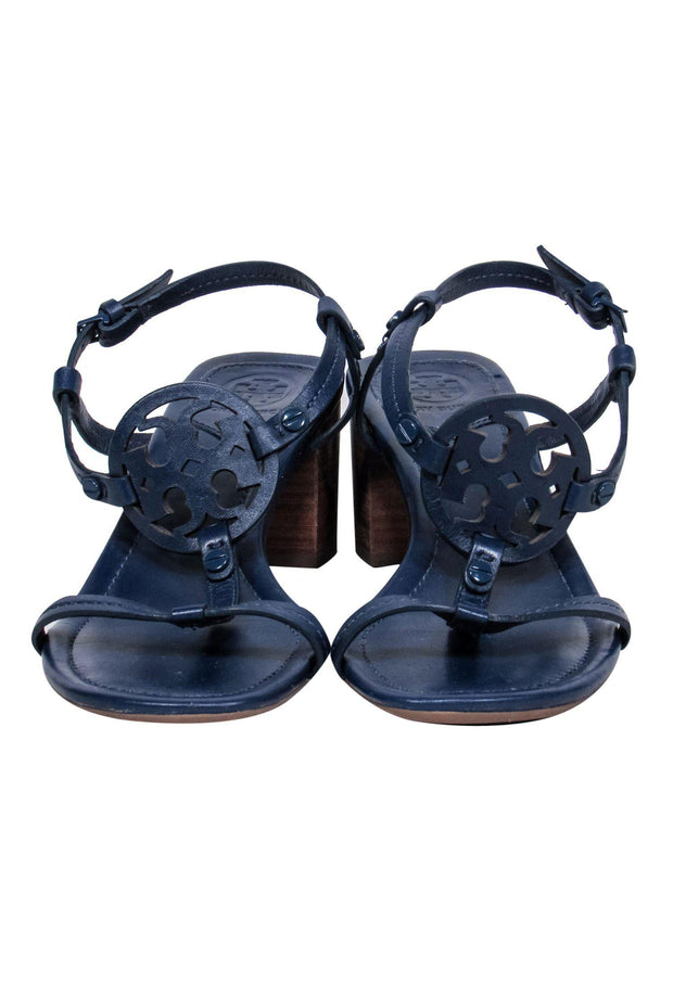Current Boutique-Tory Burch - Navy Leather Strappy Logo Block Heeled Sandals Sz 8.5