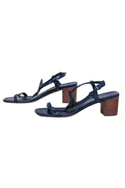 Current Boutique-Tory Burch - Navy Leather Strappy Logo Block Heeled Sandals Sz 8.5