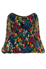 Current Boutique-Tory Burch - Navy & Multicolor Floral & Polka Dot Print Pleated Blouse w/ Tassels Sz S