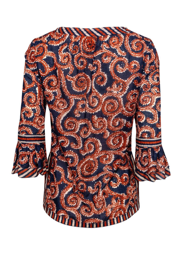 Current Boutique-Tory Burch - Navy & Orange Swirled Peasant Top Sz 2