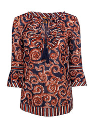 Current Boutique-Tory Burch - Navy & Orange Swirled Peasant Top Sz 2