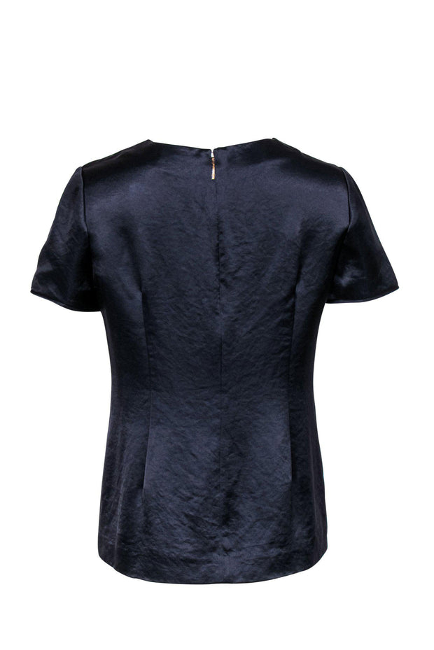 Current Boutique-Tory Burch - Navy Satin Short Sleeve Blouse w/ Beading & Appliques Sz 6