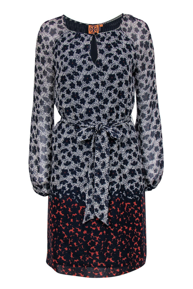 Current Boutique-Tory Burch - Navy, White & Orange Floral Print Belted Silk Shift Dress Sz 4
