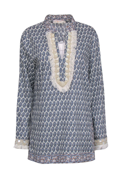 Current Boutique-Tory Burch - Navy & White Print Cotton Tunic w/ Beaded Trim & Fringe Details Sz 14