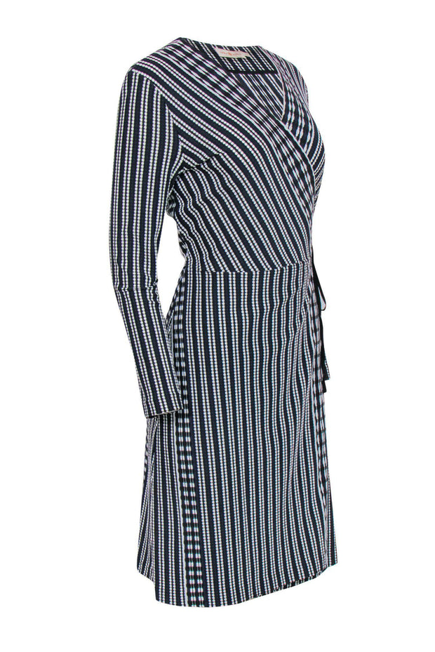 Current Boutique-Tory Burch - Navy & White Textured Stripe Long Sleeved Dress Sz L