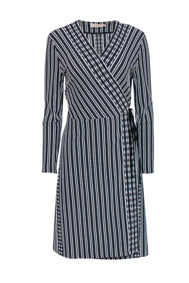 Current Boutique-Tory Burch - Navy & White Textured Stripe Long Sleeved Dress Sz L