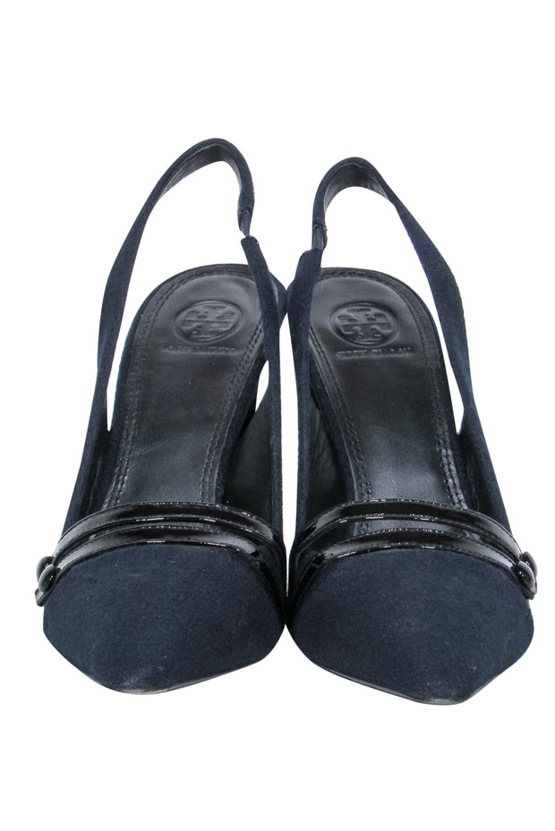 Current Boutique-Tory Burch - Navy Wool Felt Pointed Toe Slingback Pumps Sz 9