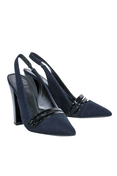 Current Boutique-Tory Burch - Navy Wool Felt Pointed Toe Slingback Pumps Sz 9
