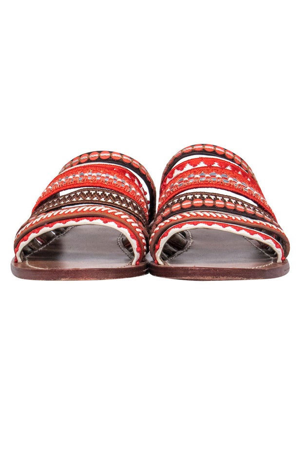 Current Boutique-Tory Burch - Orange & Brown Embroidered Strappy Slide Sandals Sz 6