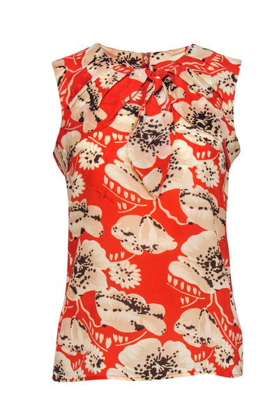 Current Boutique-Tory Burch - Orange & Brown Floral Print Tank w/ Necktie Sz 2