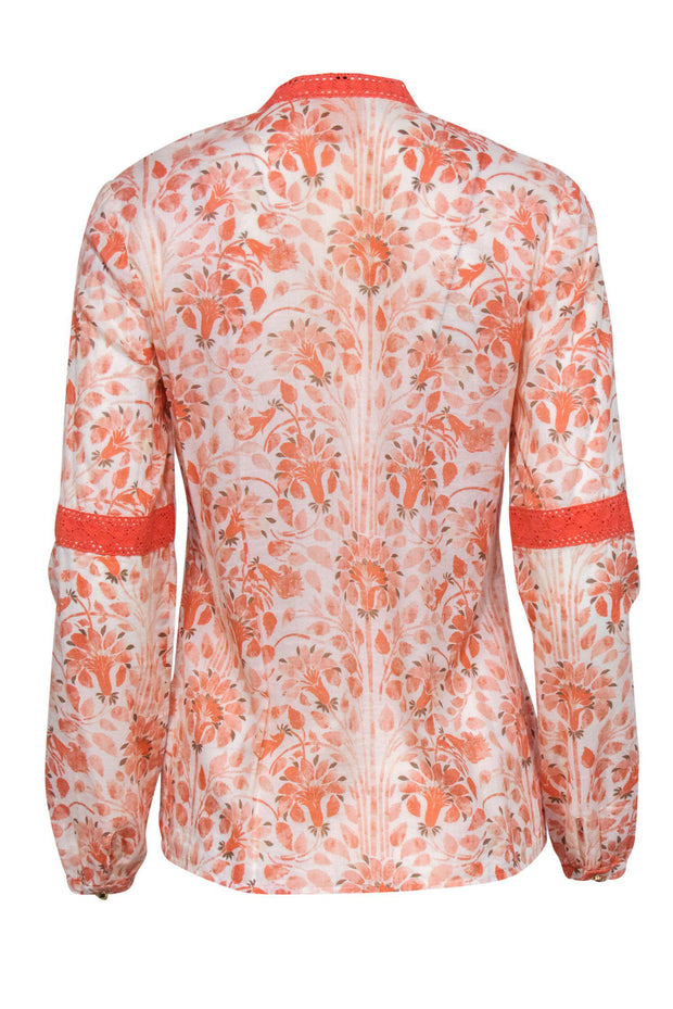 Current Boutique-Tory Burch - Orange & Cream Floral Print Long Sleeve Blouse w/ Embroidery & Tassels Sz 4