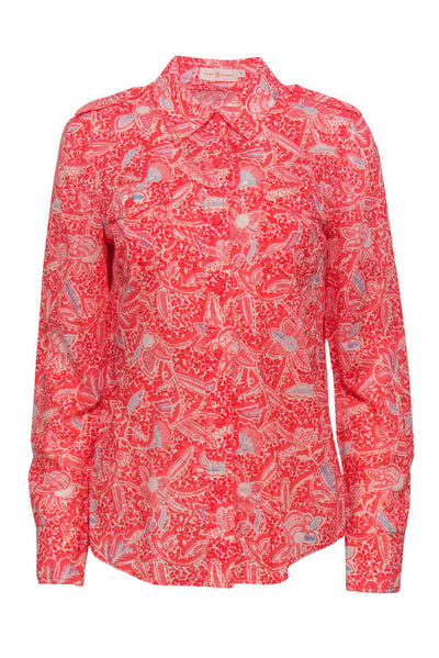 Current Boutique-Tory Burch - Pink & Blue Tropical Floral Print Button-Up Blouse Sz 10