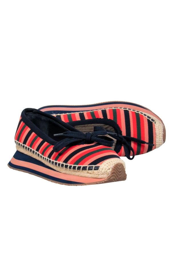 Current Boutique-Tory Burch - Pink, Green & Navy Striped Platform Espadrilles w/ Tie Sz 6.5