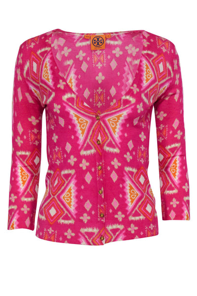 Current Boutique-Tory Burch - Pink & Orange Printed Button-Up Wool Cardigan Sz XS