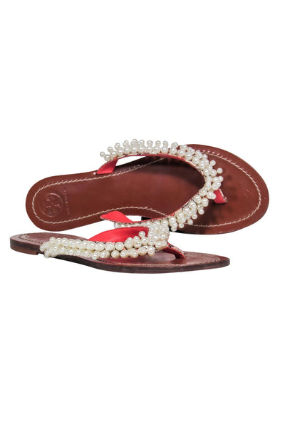 Current Boutique-Tory Burch - Pink & White Printed Thong Sandals w/ Pearl Embellishments Sz 8.5