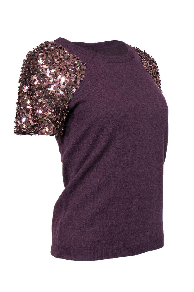 Current Boutique-Tory Burch - Plum Short Sleeve Sweater w/ Sequins & Beading Sz S