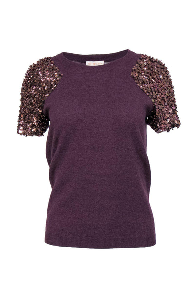Current Boutique-Tory Burch - Plum Short Sleeve Sweater w/ Sequins & Beading Sz S