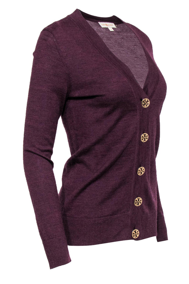 Current Boutique-Tory Burch - Purple Button-Up Wool Cardigan w/ Logo Buttons Sz S
