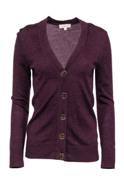 Current Boutique-Tory Burch - Purple Button-Up Wool Cardigan w/ Logo Buttons Sz S