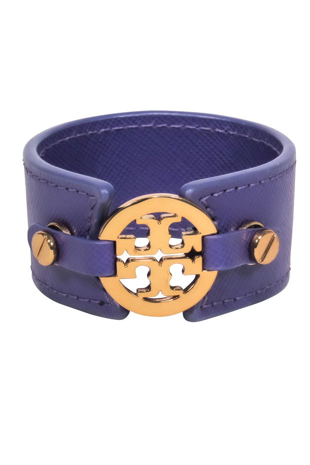 Current Boutique-Tory Burch - Purple Leather Cuff w/ Gold Logo Bracelet